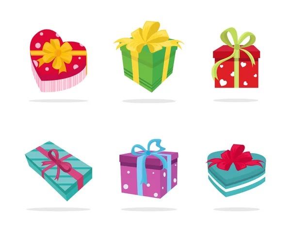Zestaw sześciu świątecznych prezentów dla bliskich na białym tle. Miłość obiektów dla web design. — Wektor stockowy