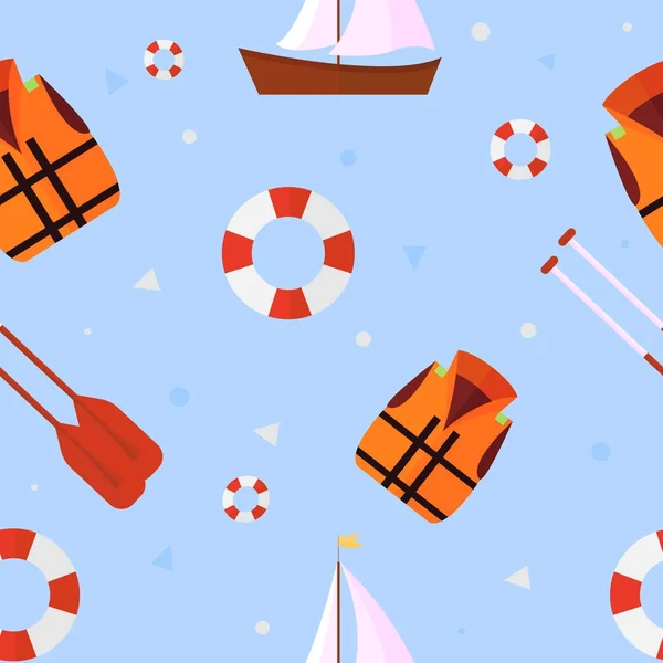 Бесшовная парусная яхта с спасательным жилетом, спасательным буем, веслами и парусами. Векторная миграция . — стоковый вектор