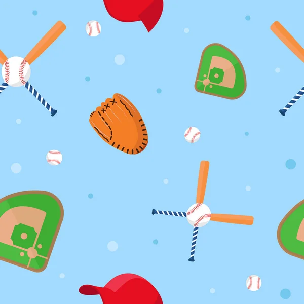 Varrat nélküli baseball területen, sapka, denevér, labdát és kesztyű. Vektoros illusztráció. Megjelenítő háttér. — Stock Vector