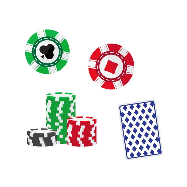 赌场令牌和不同花色的卡片在白色背景上的矢量插图. — 图库矢量图片