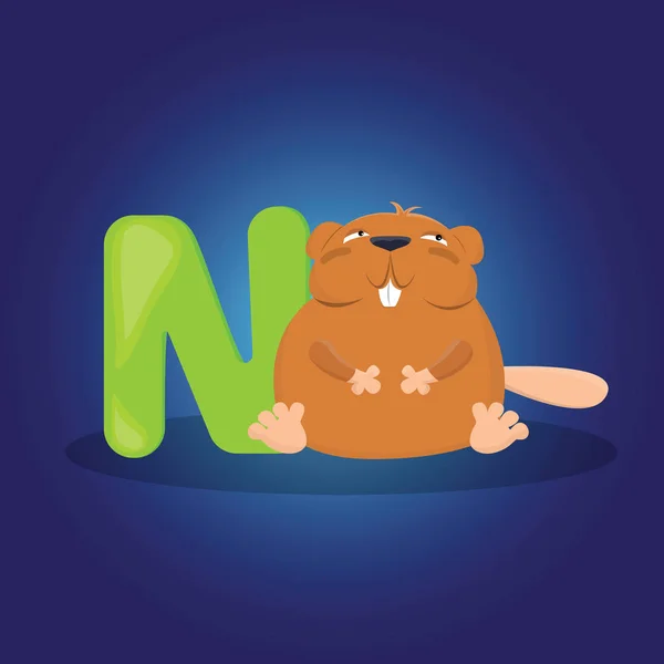 Vector letter N van cartoon lachende nutria dier. — Stockvector