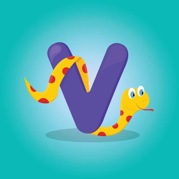 Alfabeto vectorial infantil de la letra V para el animal de dibujos animados víbora. Lindo personaje de ilustración serpiente para libro de niños . — Archivo Imágenes Vectoriales