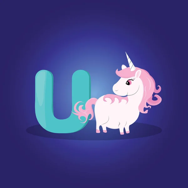 Alfabeto infantil vectorial de letra roja U para el animal de dibujos animados unicornio. Lindo personaje de ilustración para niño juego . — Vector de stock