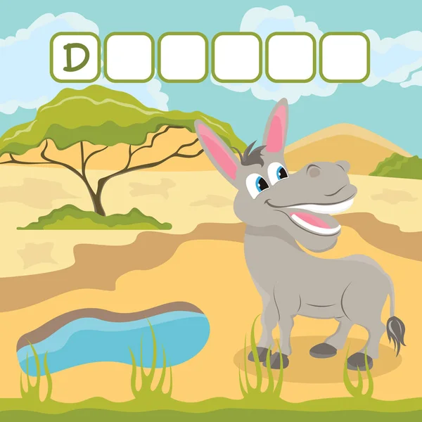 Divertido juego de crucigramas con dibujos animados lindo de burro feliz que se encuentra en el oasis del desierto. Ilustración vectorial. Linda hoja de trabajo de educación preescolar . — Archivo Imágenes Vectoriales