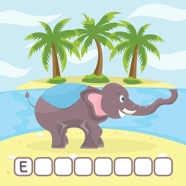 Engraçado jogo de palavras cruzadas com desenhos animados bonitos de elefante na ilha desabitada. Ilustração vetorial. Folha de trabalho bonito educação pré-escolar . — Vetor de Stock