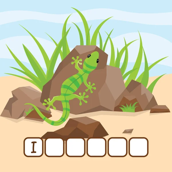 Divertido juego de crucigramas con dibujos animados lindo de iguana desierta en las rocas. Ilustración vectorial. Linda hoja de trabajo de educación preescolar . — Archivo Imágenes Vectoriales