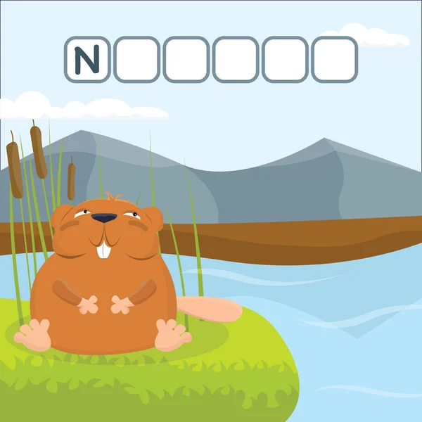 Jogo de palavras cruzadas engraçado com desenhos animados bonitos de nutria na costa do reservatório. Ilustração vetorial. Folha de trabalho bonito educação pré-escolar . — Vetor de Stock