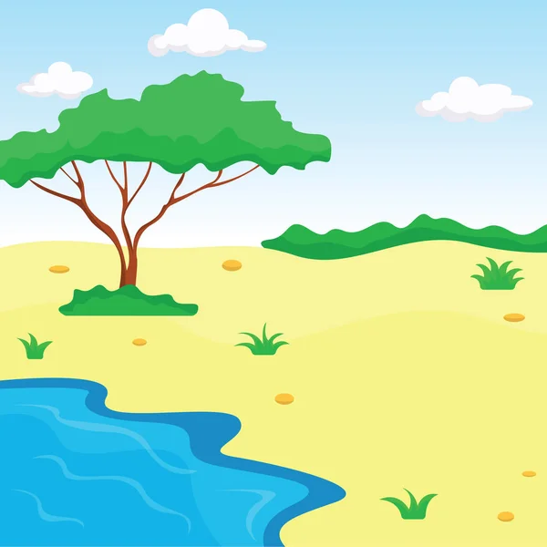 Liten oas med träd och liten pool i sandiga öknen. Vektorillustration. — Stock vektor