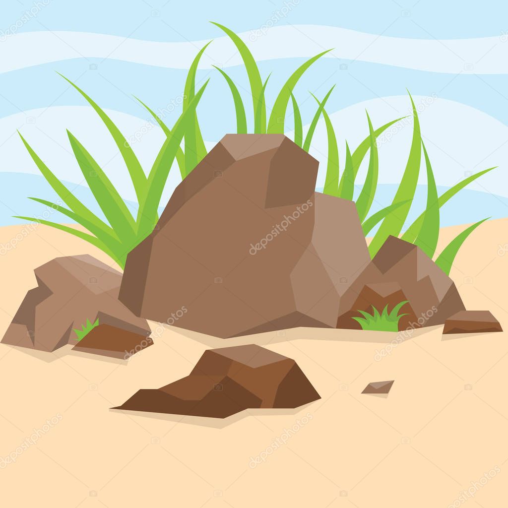 Grassy boulder in the steppe. Vector Illustration. 