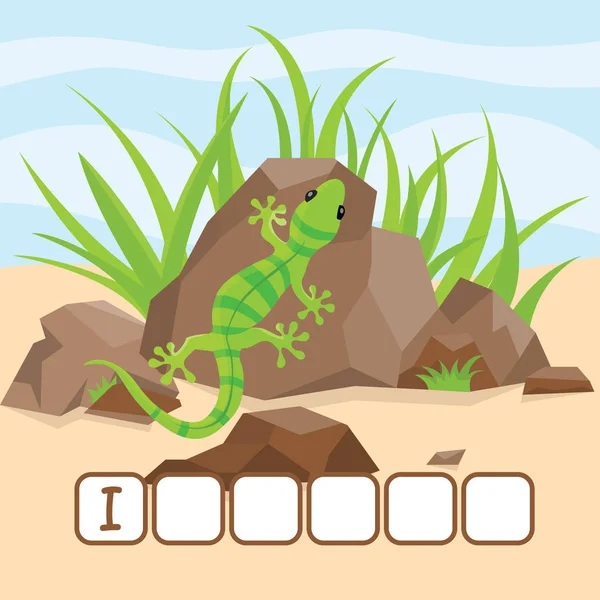 Divertido juego de crucigramas con dibujos animados lindo de iguana verde brillante se calienta en una roca. Ilustración vectorial. Linda hoja de trabajo de educación preescolar . — Vector de stock