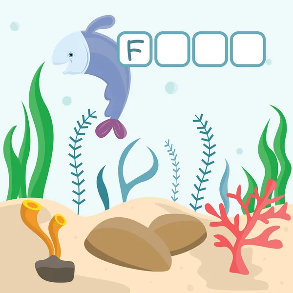Vicces keresztrejtvény játék aranyos rajzfilm a halak a víz alatti világ. Vektoros illusztráció. Munkalap aranyos iskoláskor előtti oktatás. — Stock Vector