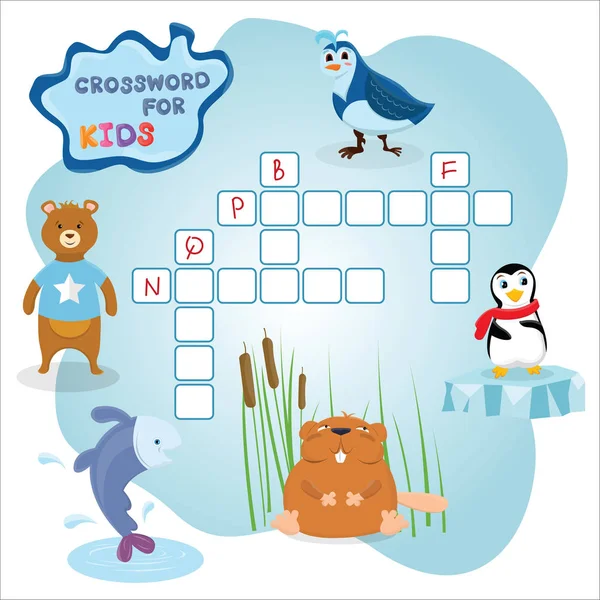 Engraçado jogo de palavras cruzadas com desenhos animados bonitos de peixe, urso, pinguim, codorniz e castor. Ilustração vetorial. Folha de trabalho bonito educação pré-escolar . — Vetor de Stock