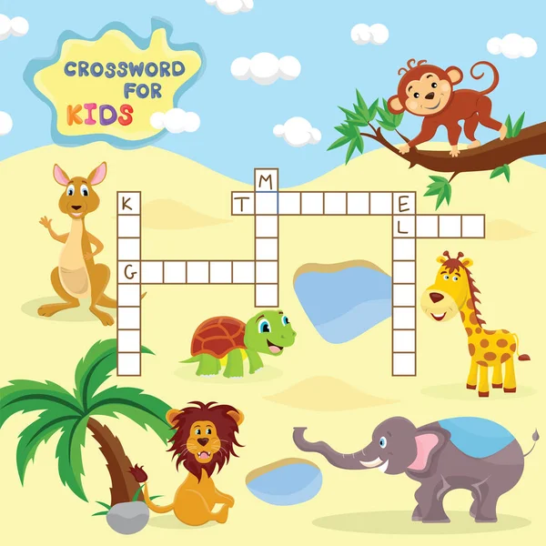 Engraçado jogo de palavras cruzadas com desenhos animados bonitos de grupo de animais em safári africano. Ilustração vetorial. Folha de trabalho bonito educação pré-escolar . — Vetor de Stock