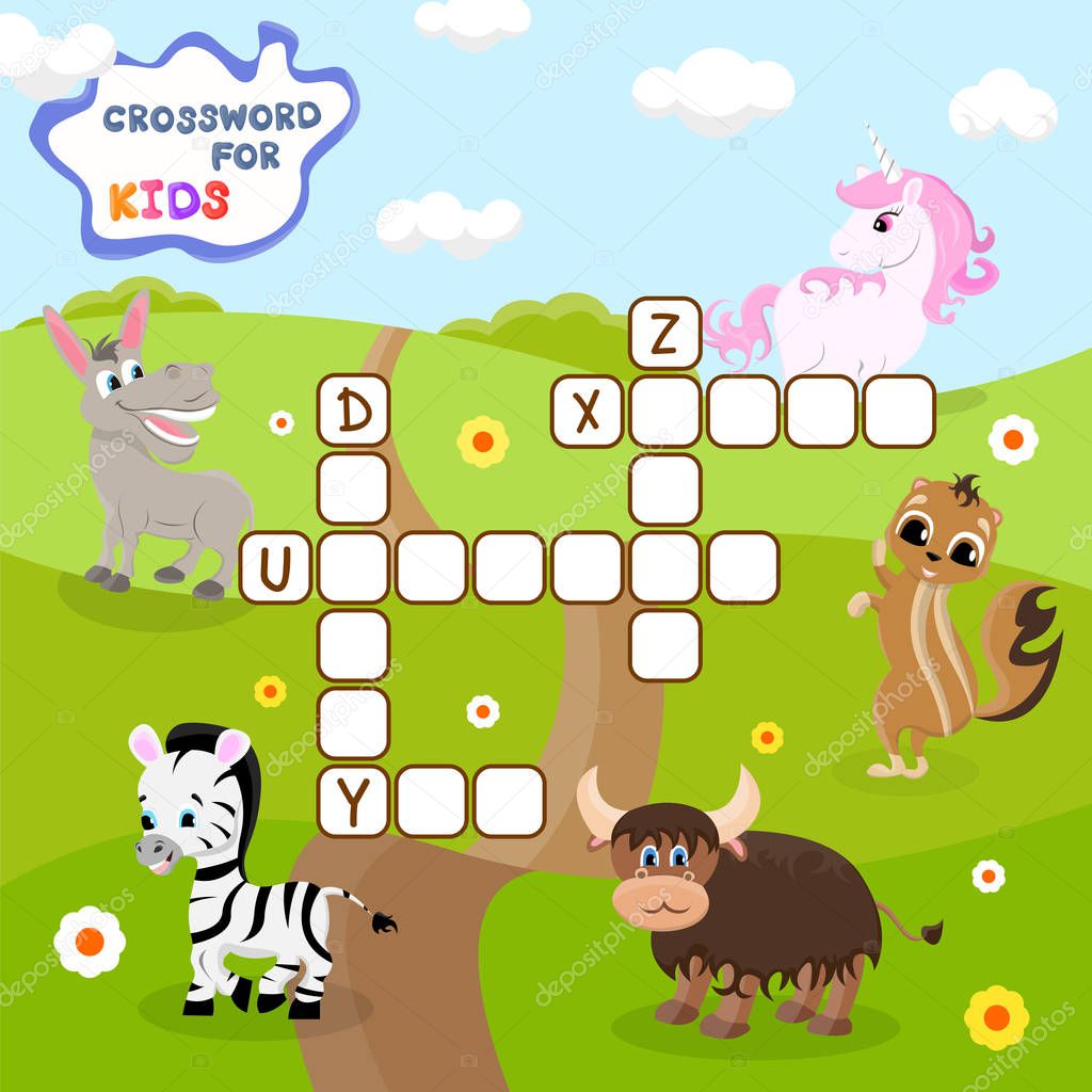 Funny crossword game with cute cartoon of group of bright cheerful animals on a glade. Vector Illustration. Cute preschool education worksheet.