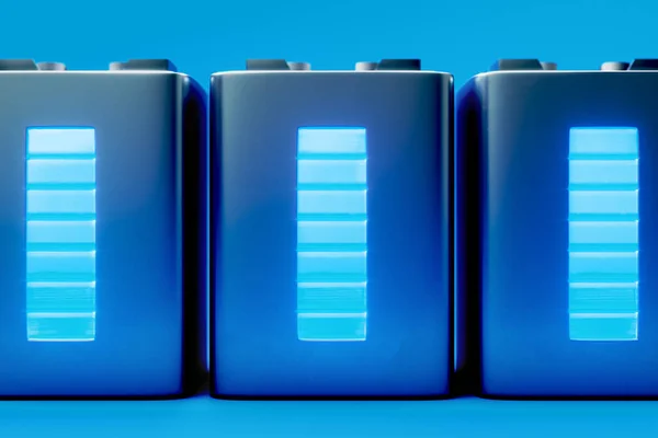 Creative 3D render of three big lithium cell batteries. Front view of rechargeable accumulators.