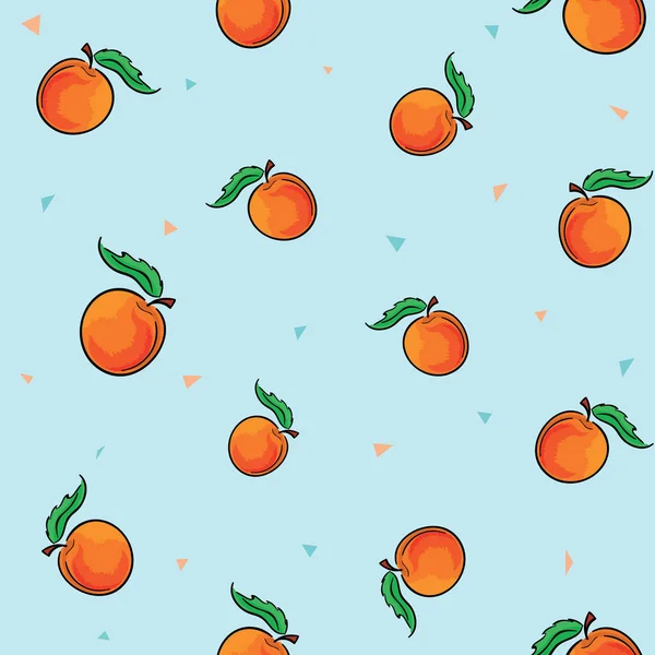 Kakel uppsättning mogna vegetarisk persikor på blå bakgrund med färgglada trianglar. Vektorillustration. — Stock vektor
