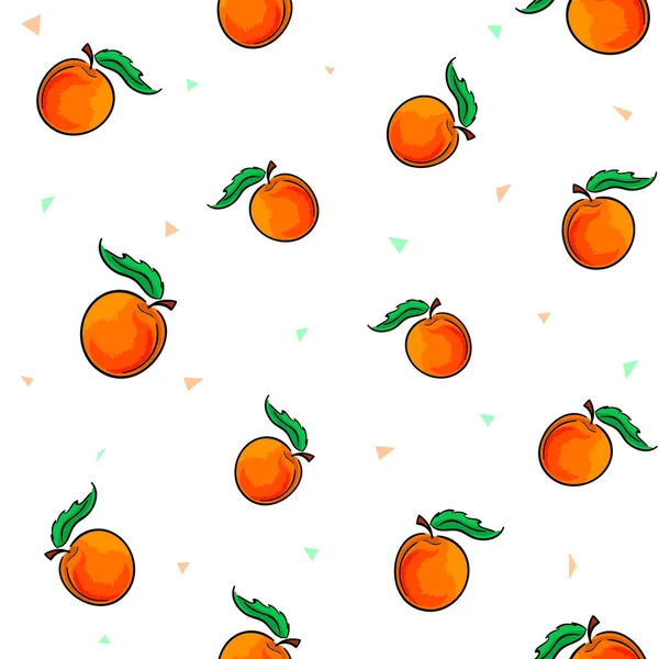 Kakel uppsättning mogna läckra persikor på vit bakgrund med färgglada trianglar. Vektorillustration. — Stock vektor