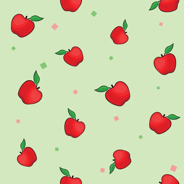 用五颜六色的五彩纸屑在绿色背景上无缝地收集果汁红苹果。矢量插图. — 图库矢量图片