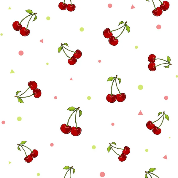 Conjunto de patrones de un par de jugosas cerezas en el pecíolo en el fondo blanco con confeti colorido. Ilustración vectorial . — Vector de stock