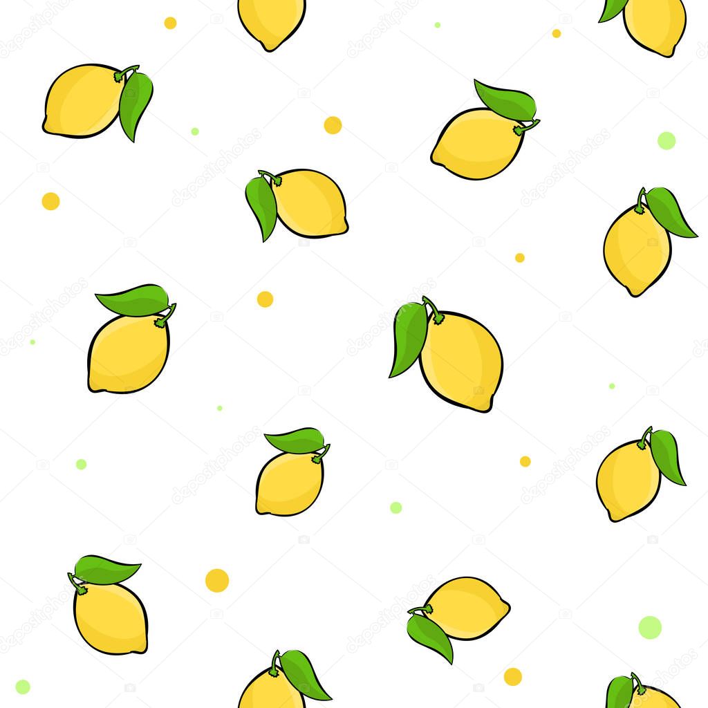 Tile set of ripe vegetarian lemons on yellow background with colorful dots. Vector illustration.