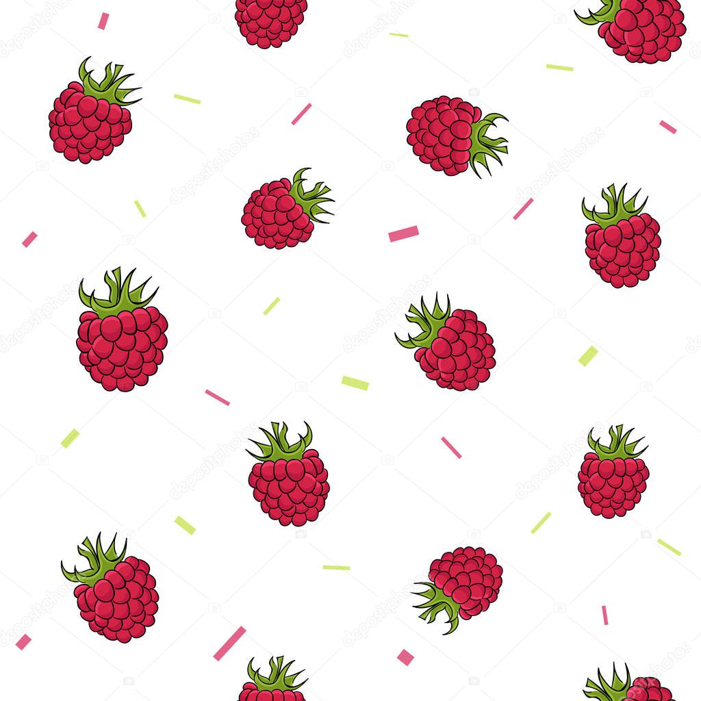 Tile set of juicy raspberries on the white background with colorful confetti. Vector illustration.