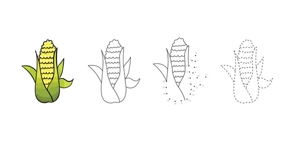 Ensemble vectoriel d'oreille dorée de maïs dessin enfants. Enfant légumes page de jeu éducatif . — Image vectorielle