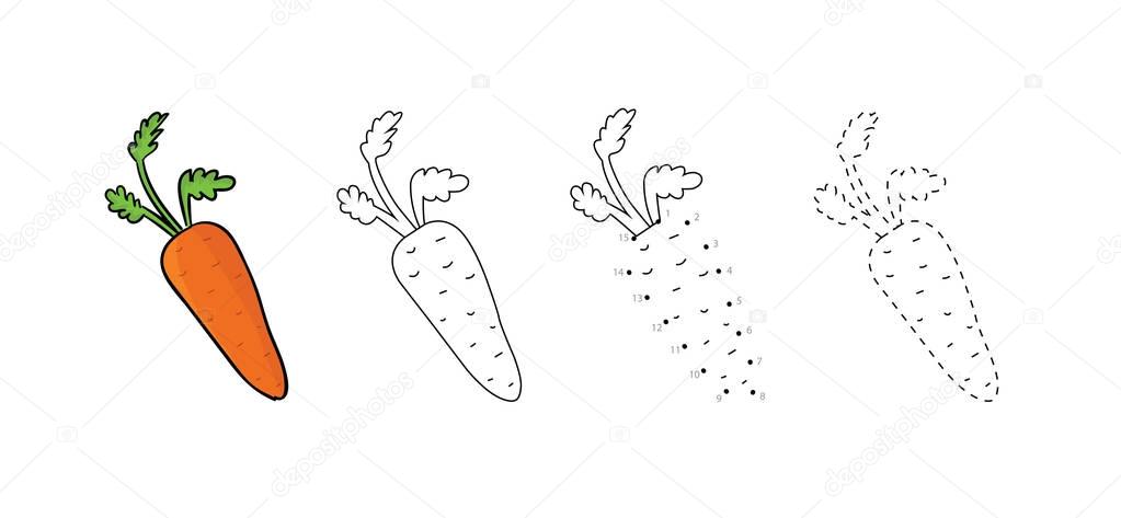 Vector set of orange tasty carrots with leaves kids drawing. Child vegetables educational game page.