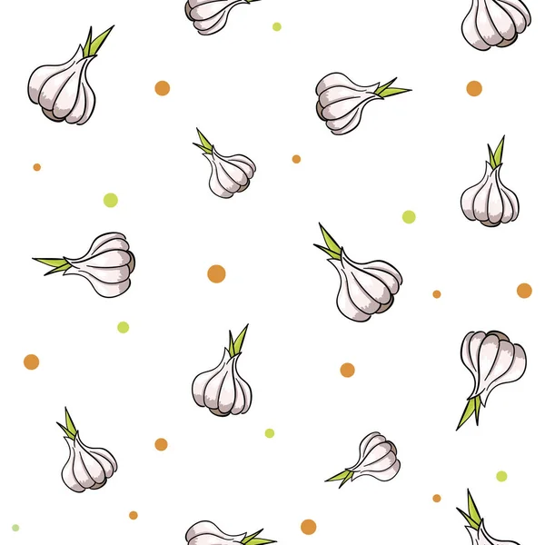 Ensemble de légumes sans couture d'ail parfumé mûr avec des points colorés sur fond blanc. Illustration vectorielle . — Image vectorielle