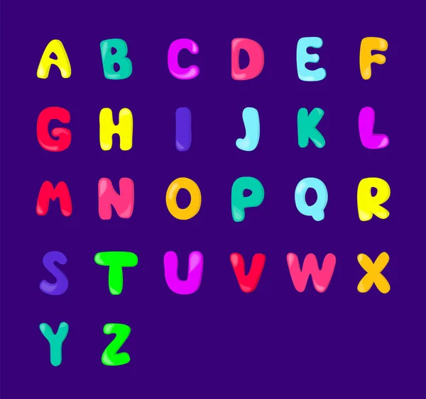 Çizgi film mor zemin üzerine çok renkli harfler kümesi. Komik karakter. Vektör alfabe illüstrasyon. — Stok Vektör