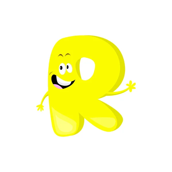 Yellow cartoon letter R four with face, eyes, hands, brows and mouth character on the white background. Funny Character. Vector alphabet Illustration. — Stock Vector