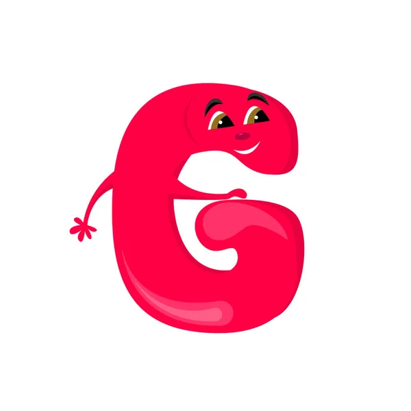 Cartone animato rosso lettera G quattro con viso, occhi, mani, sopracciglia e personaggio bocca sullo sfondo bianco. Carattere divertente. Illustrazione dell'alfabeto vettoriale . — Vettoriale Stock