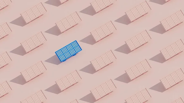 Blue solar panel on background of identical pink solar panels. 3d render illustration.
