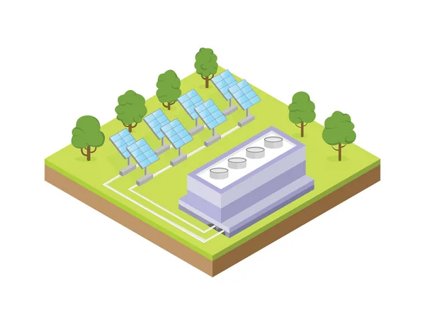 Elektrizitätswerk mit Spiegelplatten. Vektorillustration isometrischer Gebäude. — Stockvektor