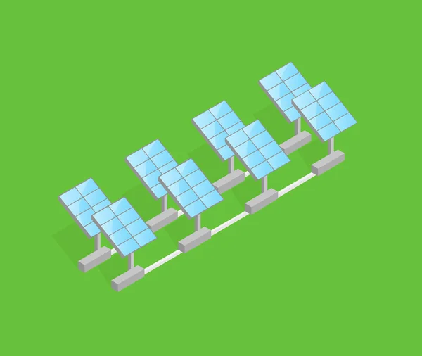 Painéis de espelho de geração de energia solar no gramado verde. Ilustração vetorial de edifícios isométricos . — Vetor de Stock