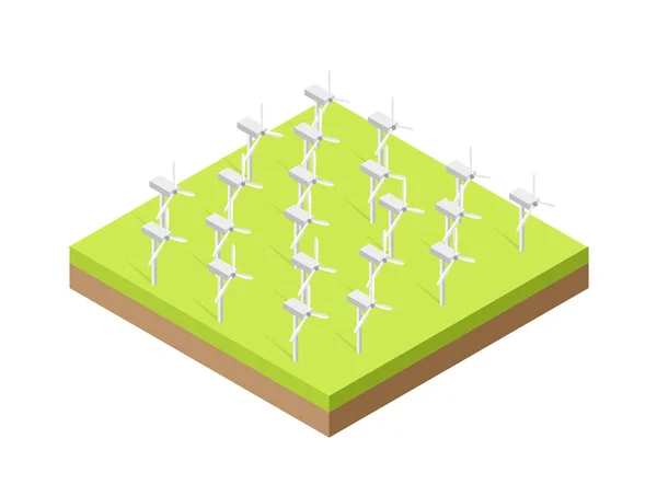 Moderní větrné turbíny na hřišti. Vektorové ilustrace izometrické budov. — Stockový vektor