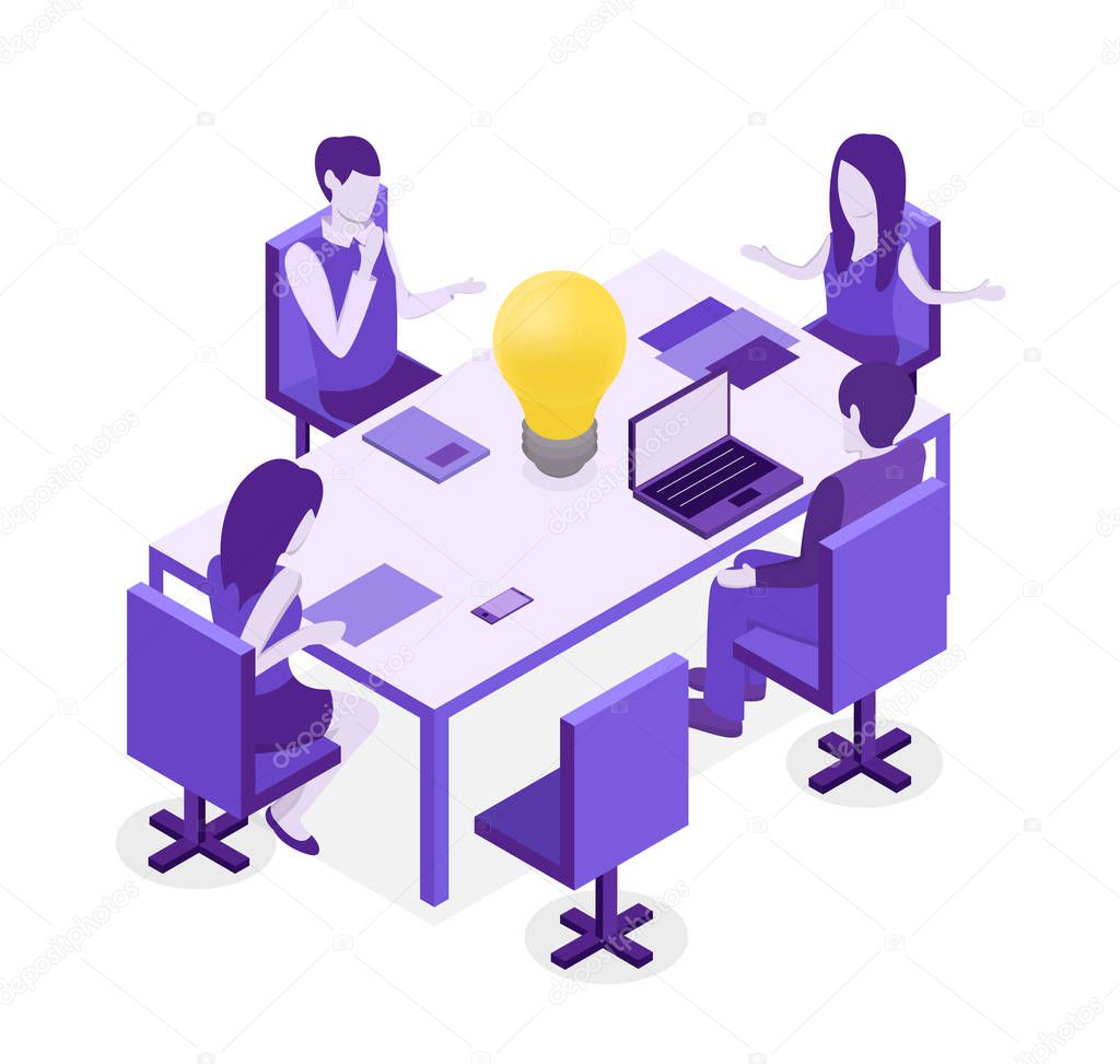 Business teamwork people in office discuss the idea. Isometric vector Illustration. 