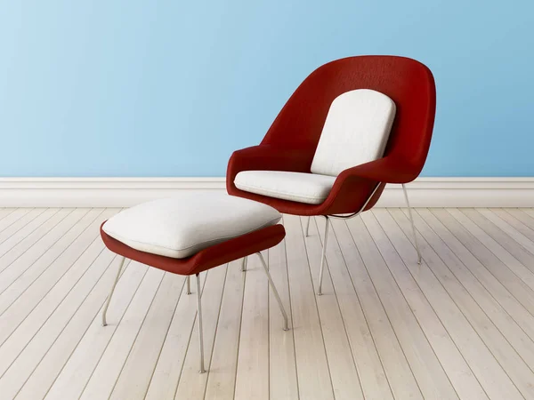 Modern style chair mock up poster. Vintage interior with light parquet and blue wallpaper. 3d rendering illustration.