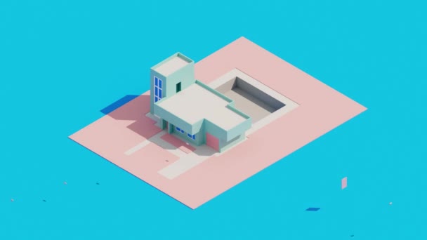 3D-Animation des Baus eines modernen Hauses mit Schwimmbad auf blauem Grund. Draufsicht auf isometrische Vintage-Gebäude.