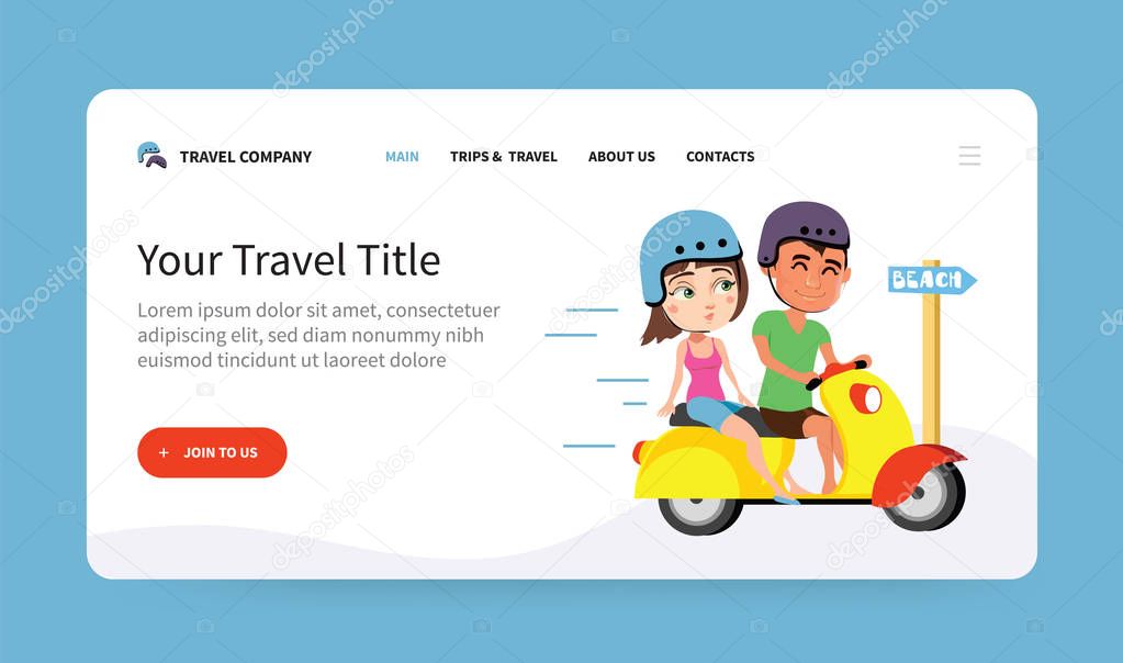 Website template of couple traveling on the motorbike. Trip of loving people illustration. 