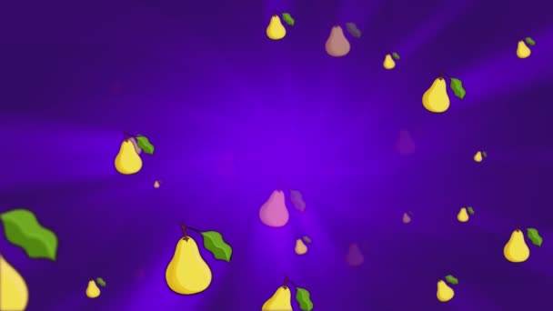 美味的梨子慢慢地从明亮的光芒中移出 在紫色的背景上旋转 3D无缝动画 — 图库视频影像