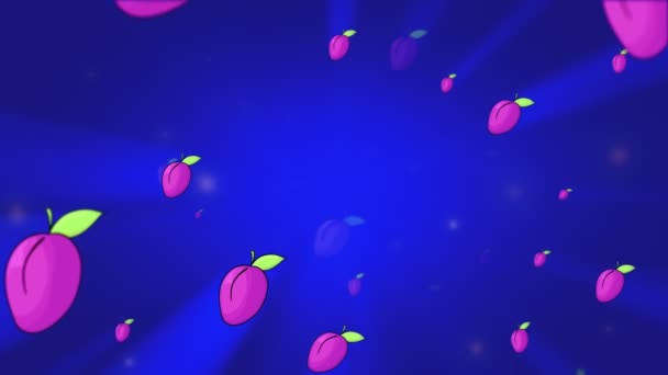 ジューシーな梅は 青の背景に回転する明るい輝きからゆっくりと移動します 3Dループアニメーション — ストック動画