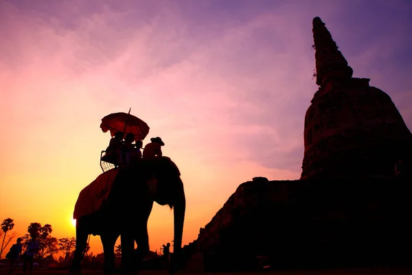 Elefante y silueta turística en Tailandia — Foto de Stock