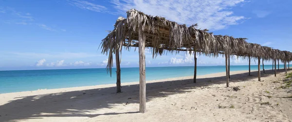 Deserted Beautiful Beach Season Canopies Palm Leaves Horizontally — стоковое фото