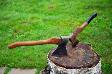 İki balta, bir huş ağacının gövdesine saplanmış yeşil çimenlerin arka planında. Yatay olarak.