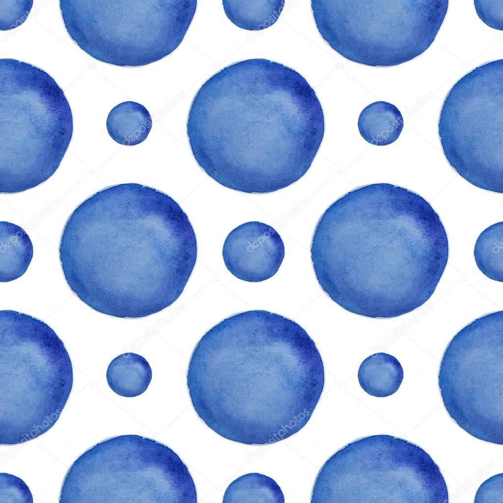Hand drawn watercolor seamless polka dot background. Blue circles on white background. The illustration is suitable for fabric and packaging. Fashionable, fashionable color 2020: classic blue. 