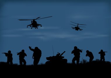 İllüstrasyon, saldıracak askerler ve helikopterler.