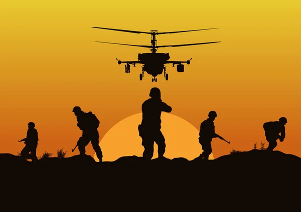 Illustration, the soldiers going to attack and helicopters. — Stock Vector