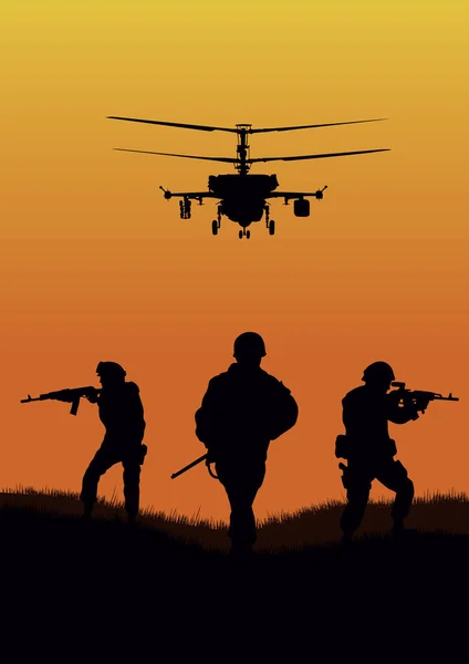 Иллюстрация, солдаты идут в атаку и вертолеты . — стоковый вектор