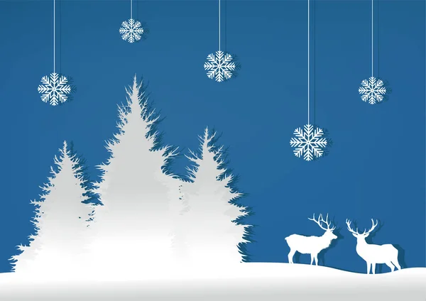 Ілюстрація, ліс, олені та сніг на синьому фоні . — стоковий вектор