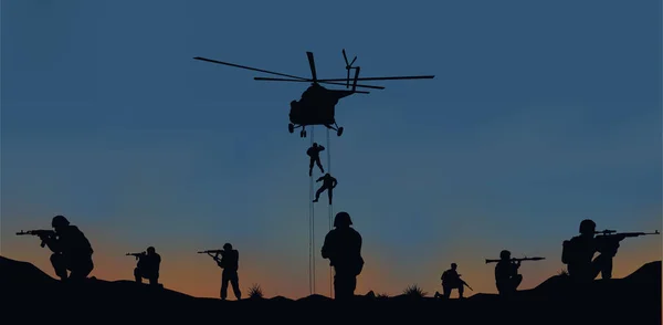 Illustrazione, i soldati che vanno ad attaccare ed elicotteri . — Vettoriale Stock